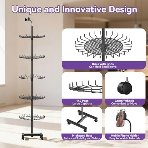 Braiding Hair Rack Standing, 140 Pegs Hair Extension Holder Stand on Wheels (61" Adjustable) with Phone Holder & 2 Mesh Trays, Metal H-Base Hair Stand for Salon, Home & Makeup Artists, Black