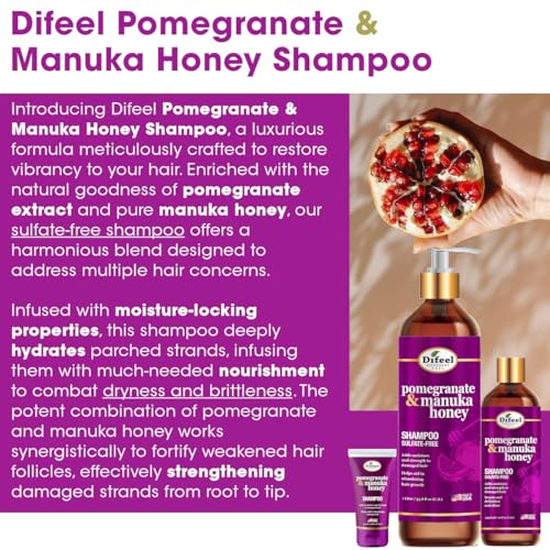 Difeel Pomegranate & Manuka Honey Hair Care Set - 12oz Shampoo, 12oz Conditioner, 8oz Leave-in Spray, 2.5oz Hair Oil
