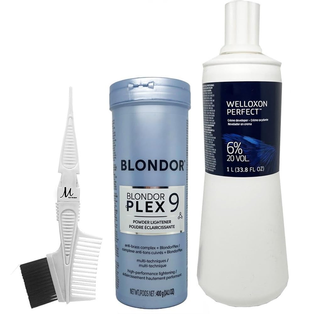 Blondorplex 9 Multi Blonde Dust-Free Powder Lightener 14.1 oz, Welloxon Perfect Developer 6% / 20 Vol 33.8 oz and M Hair Designs Tint Brush Comb (Bundle)