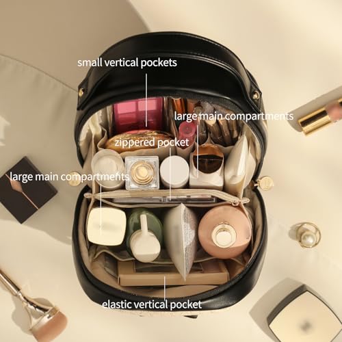 RIGHT AWAY Travel Makeup Bag,Large Cosmetic Bag Organizer with Zipper for Women,Waterproof PU Leather Toiletry Pouch Portable Make Up Bag with Compartments and Handle£¨Black£©