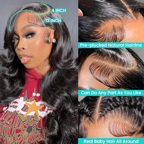 Natural Black 22 Inch Body Wave Lace Front Wig with HD Transparent Lace & Baby Hair - 180% Density