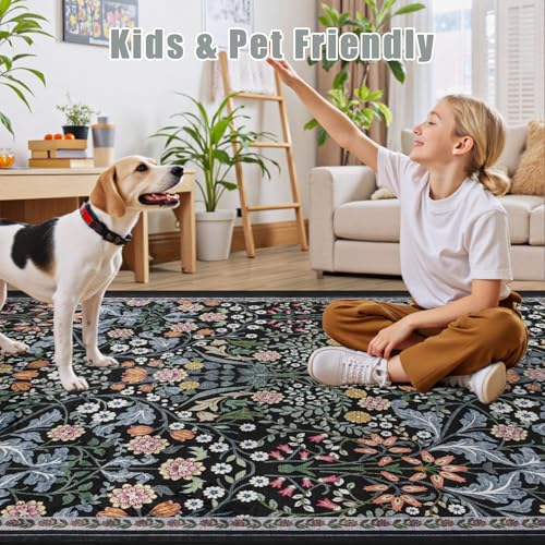 8x10 Floral Area Rug - Dark Black Washable Boho Carpet for Living Room