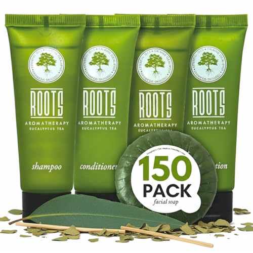 Roots Aromatherapy 150 Pack Hotel Toiletries Bulk Set for Airbnb & Hospitality, Travel Size Shampoo Conditioner Body Wash Lotion & Bar Soap, 0.01 Fl Oz