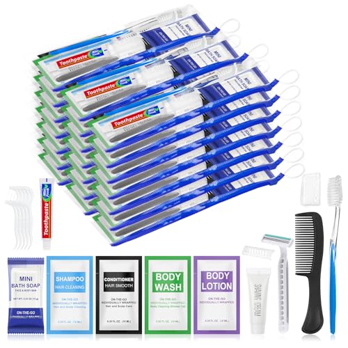 Personal Hygiene Kit Bulk Pack of 30,Individually Wrapped 13-IN-1 Blue Disposable Basic Travel Toiletry Set Homeless Care Package Supplies for Men,Women,Guests,Charity