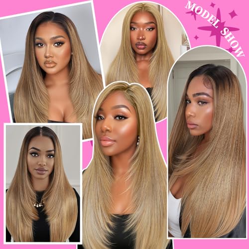 Ombre Blonde Synthetic Lace Front Wig 26in Pre Plucked Layered Straight for Women