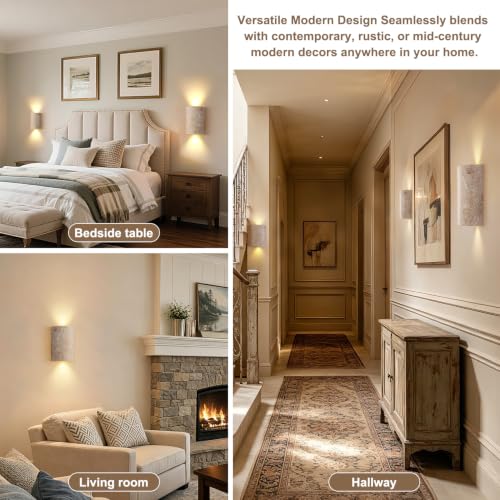 Natural Travertine Wall Sconce with Warm LED Light - Modern Japandi Minimalist Wall Lamp for Bedroom Living Room Hallway