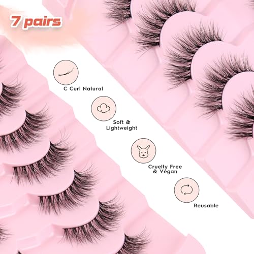 Natural Cat Eye Lashes Wispy Eyelashes 14mm Lightweight False Eyelashes 3D Volume Natural Lashes 0.1mm Thin Cotton Band Lash Strips Pack C Curl Soft Eyelash 7 Pairs Siligli