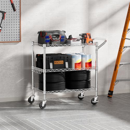 Heavy Duty 3-Tier Rolling Utility Cart with Lockable Wheels, NSF Metal Kitchen & Storage Cart, 990 lbs Capacity