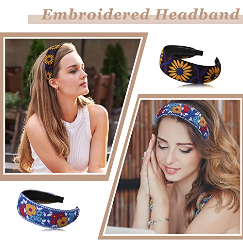 Boho Embroidered Headbands for Women - Floral Ethnic Wide Hair Accessories Set
