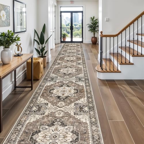 3' x 20' Washable Hallway Runner Rug Beige Non-Slip Distressed Floor Carpet