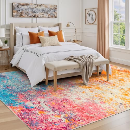Rainbow Washable Area Rug 8x10 - Soft, Non-Slip Living Room Carpet - Colorful Abstract Design - Kid & Pet Friendly