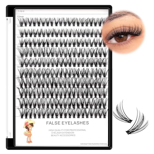 Large Tray-20Roots Thickness 0.07mm Mixed 8-10-12-14mm/ 9-11-13-15mm /12-14-16mm Black Soft and Light Individual False Eyelashes Dramatic Look Makeup Volume Eye Lashes Cluster (12-14-16MM)