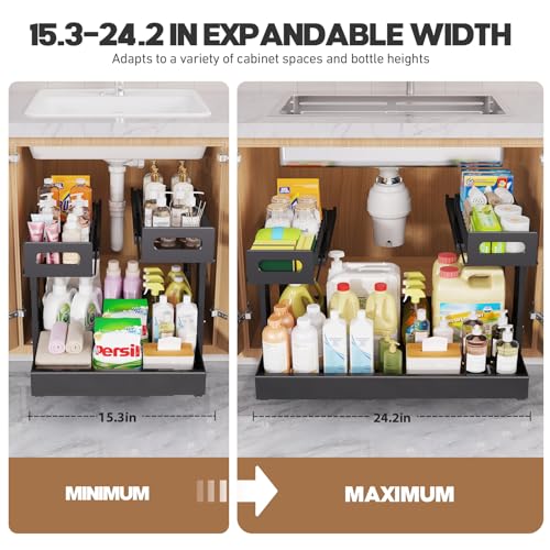 Expandable Under Sink Organizer 15.3-24.2 Inches Black 2-Tier Pull-Out Storage
