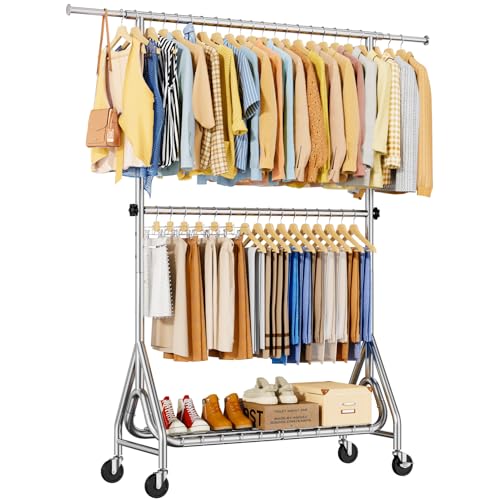 Heavy Duty Clothes Rack with Double Rods & Lockable Wheels - Silver, 560lbs Capacity