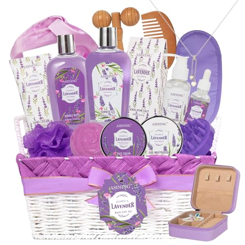 Lavender & Jasmine Spa Gift Basket for Women - 19 Pcs Skin Care & Relaxation Set - Holiday & Birthday Gift