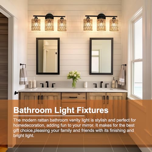 Bathroom Vanity Light Fixtures with Woven Rattan Shades - Matte Black Wall Sconces for Mirror, Bedroom, Living Room, Farmhouse Decor