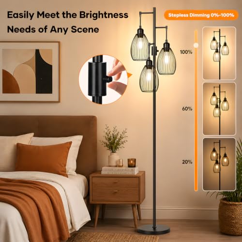 Dimmable Farmhouse Industrial Floor Lamp with Matte Black Finish and 3 LED Bulbs