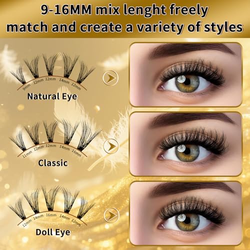 FEEGO Fluffy Eyelash Extensions Kit With Cluster Lashes, Eyelashes Extensions Kit 40D+50D 9-16mm DIY Lash Thick, Individual Lashes, Double-headed mascara brush, Remover (4050D Charming Kit)