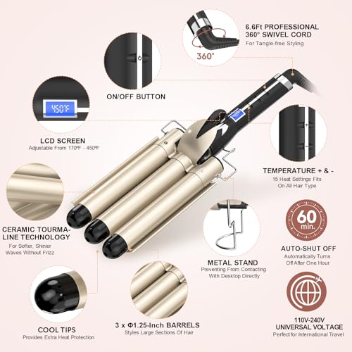 AIMERVO 1.25 Inch Hair Waver for Loose Waves, 3 Barrel Curling Iron, Adjustable Heat, Ceramic Styling Tool