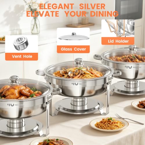 7QT Buffet Chafing Dishes Set - 2 Pack Silver Round Food Warmers with Glass Lids