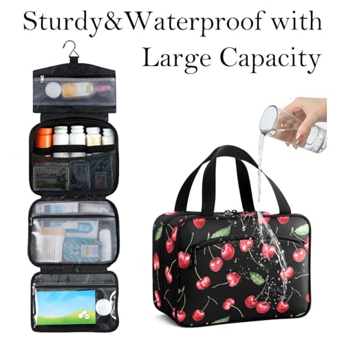 Large Travel Toiletry Bag for Women & Men, Hanging Organizer with Pockets, Black & Red Cherry
