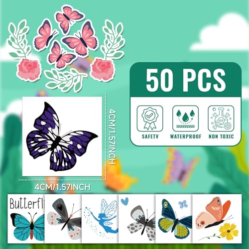 EMOME 50 Sheets Butterfly Temporary Tattoos for Girls, Individually Wrapped Tattoos for Butterfly Birthday Party Supplies Favors Decorations, Tattoos Stickers for Kids Goodie Bag Stuffers