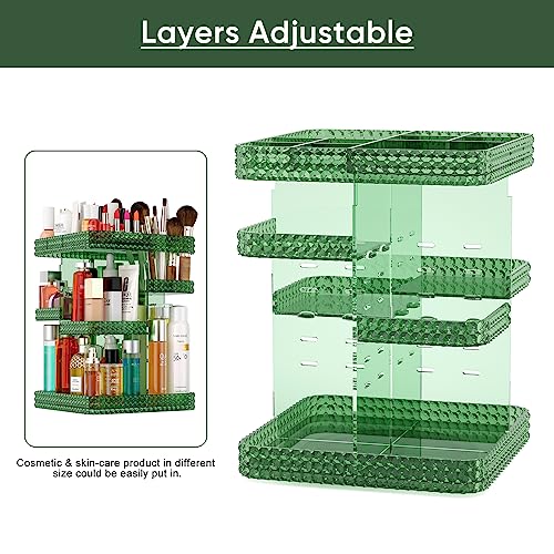 Famitree Green 360° Rotating Makeup Organizer with Adjustable Layers - Large Capacity Acrylic Storage Rack for Vanity and Bathroom