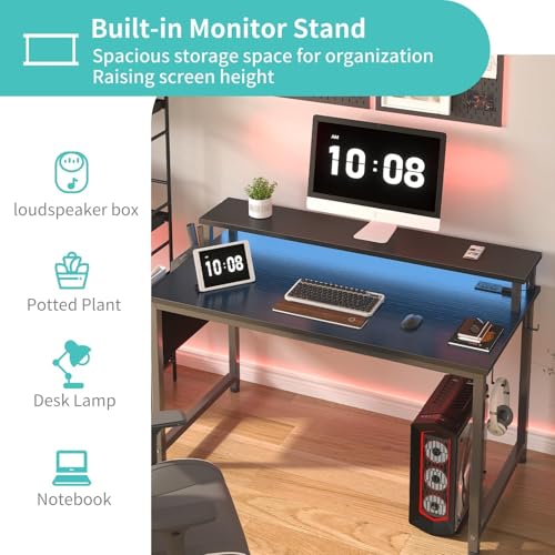 Lufeiya 39.4-Inch Gaming Desk with RGB LED Lights & Power Outlets, Monitor Stand, Black