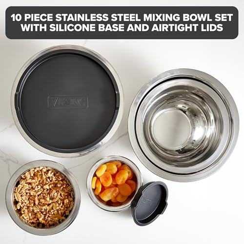 Viking Black 10-Piece Stainless Steel Mixing Bowls Set with Lids & Non-Slip Base