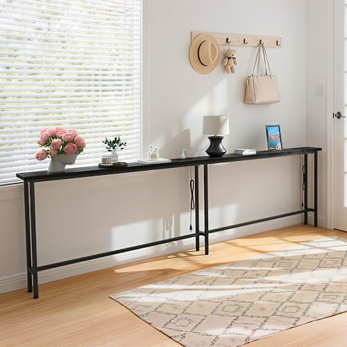 Black 102-Inch Sofa Table with Built-In Power Strip – Modern Narrow Couch Console