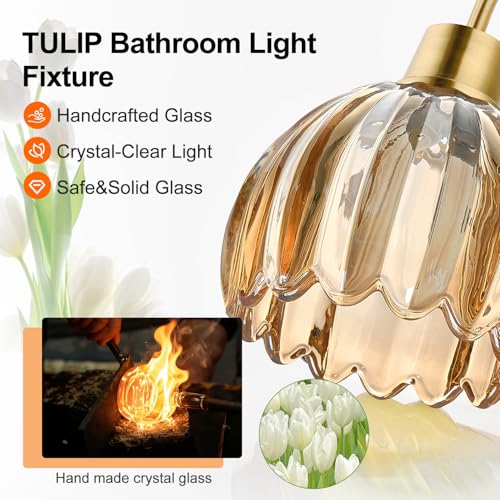 Meybiok Brushed Gold 3-Light Vanity Light with Amber Tulip Glass Shades – Bathroom Fixture