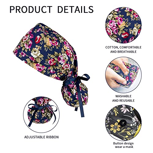 FOHEEL Women's Scrub Cap with Buttons & Ribbon Tie - Multicolor One Size Nurse Hat with Ponytail Pouch