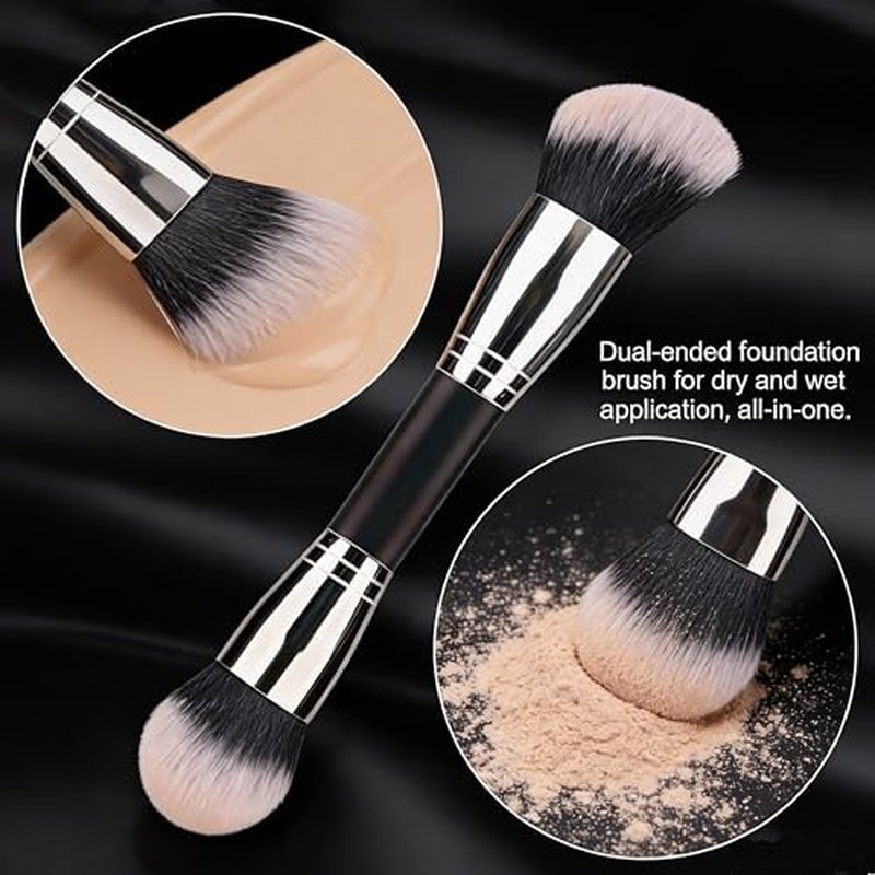 Dual-Ended Foundation Makeup Brush -Large 1 Inch Bristles Black Wooden Handle Aluminum Ferrule Foundation &Powder Brush Wet & Dry Use for Professional and Daily Full Coverage Flawless Finish