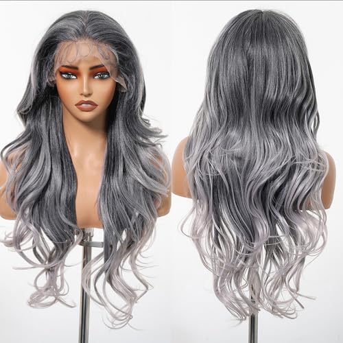 Allbell 13x6 Lace Front Wigs for Black Women - Ombre Gray Silver, 28 Inch Body Wave, Preplucked Hairline with Baby Hair - Balayage Gray 1005-5GR28
