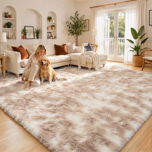 Dark Beige Tie-Dyed 8x10 Area Rug - Plush Shaggy Carpet for Living Room