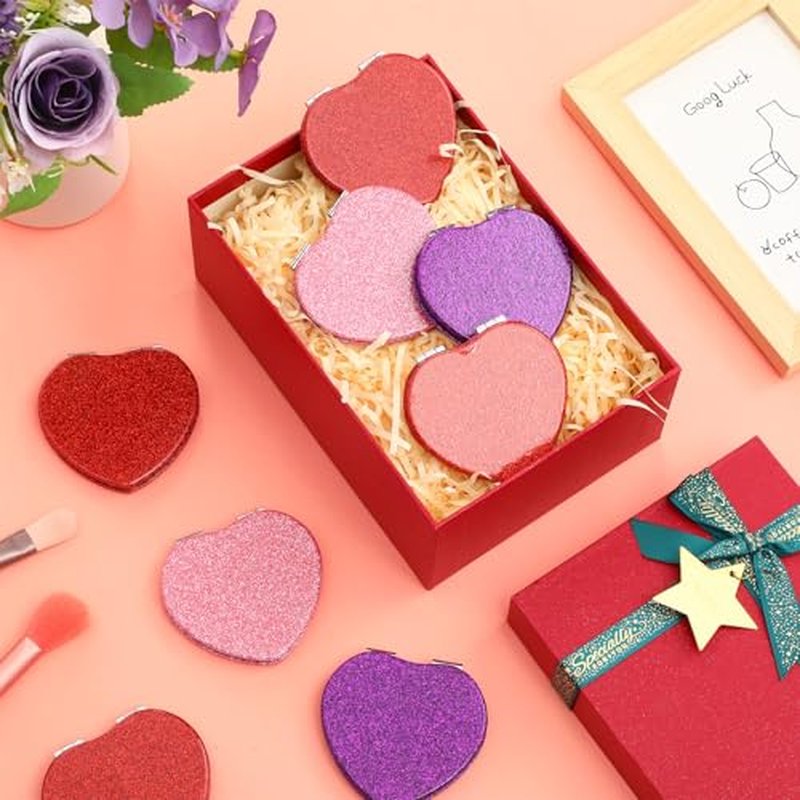 24 Pcs Heart Compact Mirror Magnifying Travel Mirror Bulk with Glitter Double Sided Cosmetic Purse Mirrors Heart Shaped Folding Pocket Makeup Mirrors for Women Mom Gift(Red, Pink, Purple)