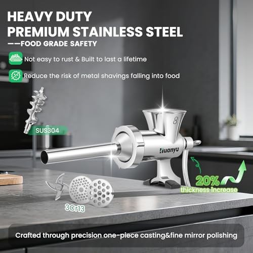 Manual Meat Grinder with Sausage Stuffer - 304 Stainless Steel, #8 Caliber