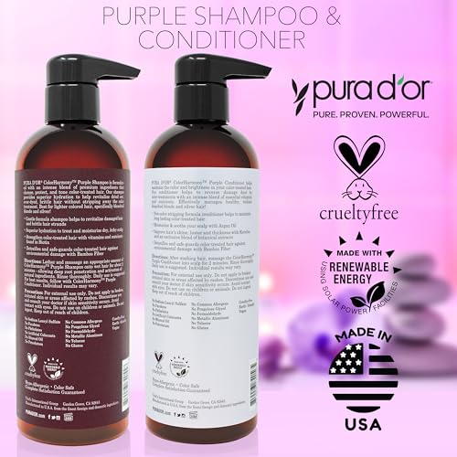 PURA D'OR 16 Oz ColorHarmony Purple Conditioner For Bleached, Blonde, Silver & Color Treated Hair - Keratin, Bamboo Fiber, No Sulfates, Select Natural Ingredients - Men & Women