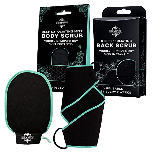 Dermasuri Deep Exfoliating Body & Back Scrub Mitt Bundle - Spa-Quality Skin Care