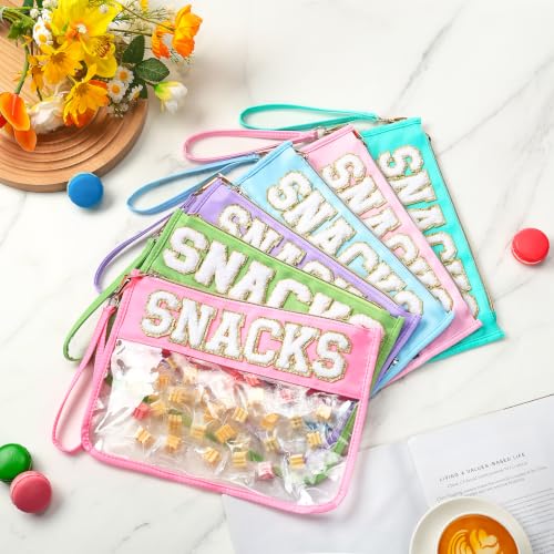 Kacctyen 6 Pcs Clear Makeup & Snack Bags with Chenille Letter Design, Waterproof Cosmetic Toiletry Organizer for Travel & Gym, Macarons & Snacks Variation