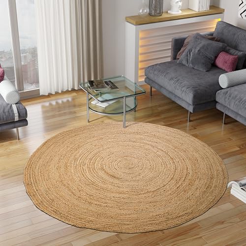 Hausattire 6' Round Natural Jute Braided Area Rug - Durable & Reversible