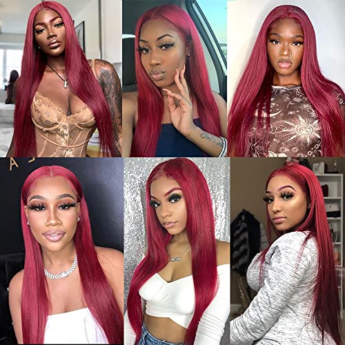 QMSSR Burgundy Red Lace Front Wig Long Straight Synthetic 13x3 Heat-Resistant Fiber for Women