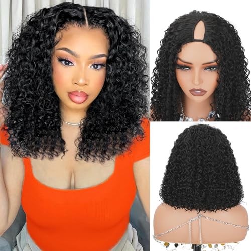 Larhali V Part Curly Bob Wig 250% Density 14 inch U Part Glueless Drawstring No Leave Out