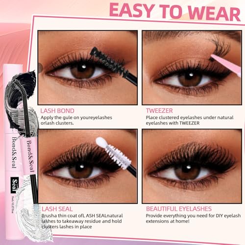 DIY Lash Extension Kit 772Pcs D Curl 4 styles Individual Lash with Bottom Lash Clusters Lash Bond and Seal,Quick Glue Remover Tweezers Eyelash Brush Mini Applicator (LASH003)