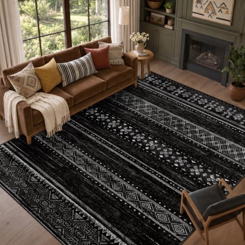 Black and White 8x10 Washable Area Rug for Living Room & Bedroom - Modern Boho Style