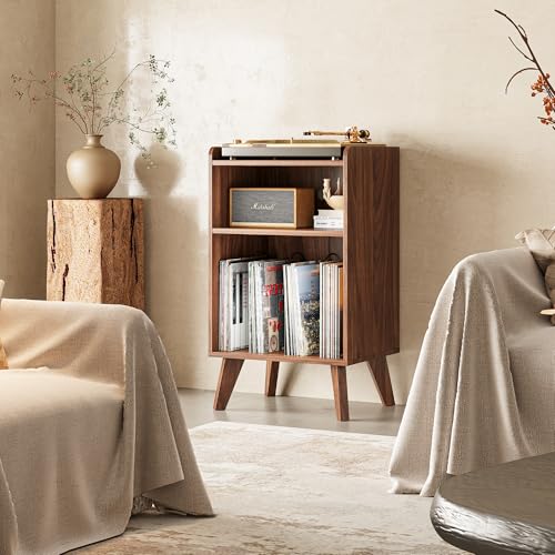 Walnut Record Player Stand with Storage, Charging Station & USB Ports