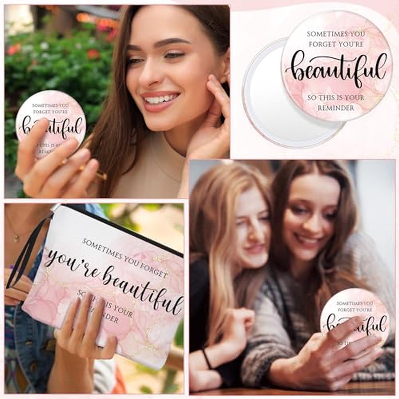 20 Sets Pink Thank You Gifts for Women, Inspirational Gifts Bulk for Female Client Teacher Employee Coworker, Sometimes You Forget You're Beautiful Makeup Bags and Compact Mirrors for Party
