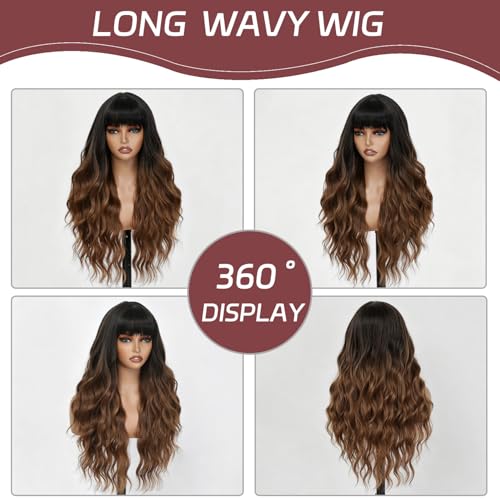 FEIVOSILAN Ombre Brown Wavy Wig with Bangs - Long 26 Inch Synthetic Hair for Women