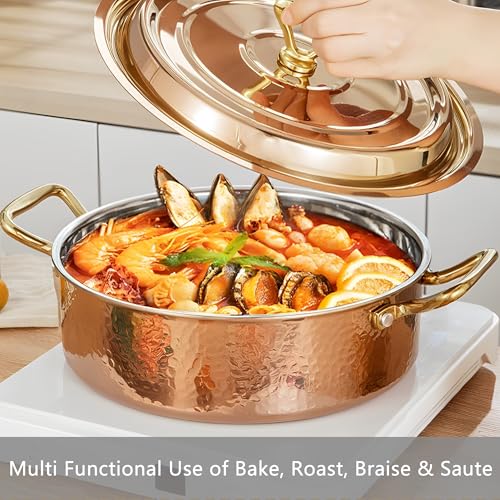 6.7QT Copper Rose Gold Hammered Stock Pot with Lid - Tri-Ply Stainless Steel, Dishwasher & Oven Safe