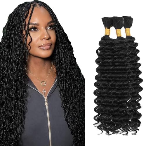Deep Wave Human Braiding Hair Bulk 3 Bundles #1B Black 18 Inch Natural Virgin Extension